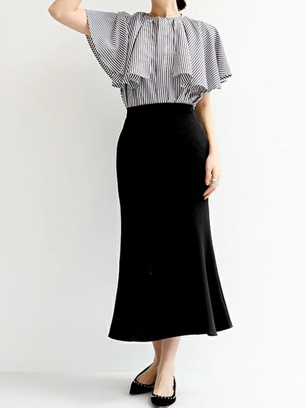 Falbala Loose Short Sleeves Round-neck Blouses&shirts Tops