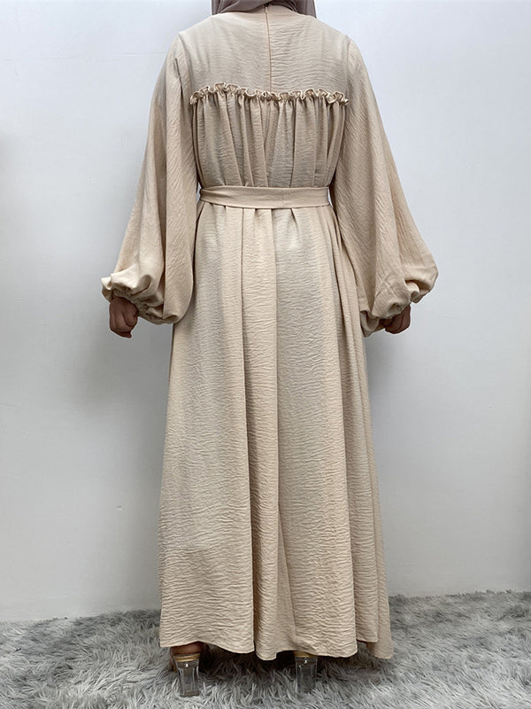 Elasticity Muslim Pleated Solid Color Split-Joint Tied Waist Bishop Sleeve Long Sleeves Round-Neck Maxi Dresses