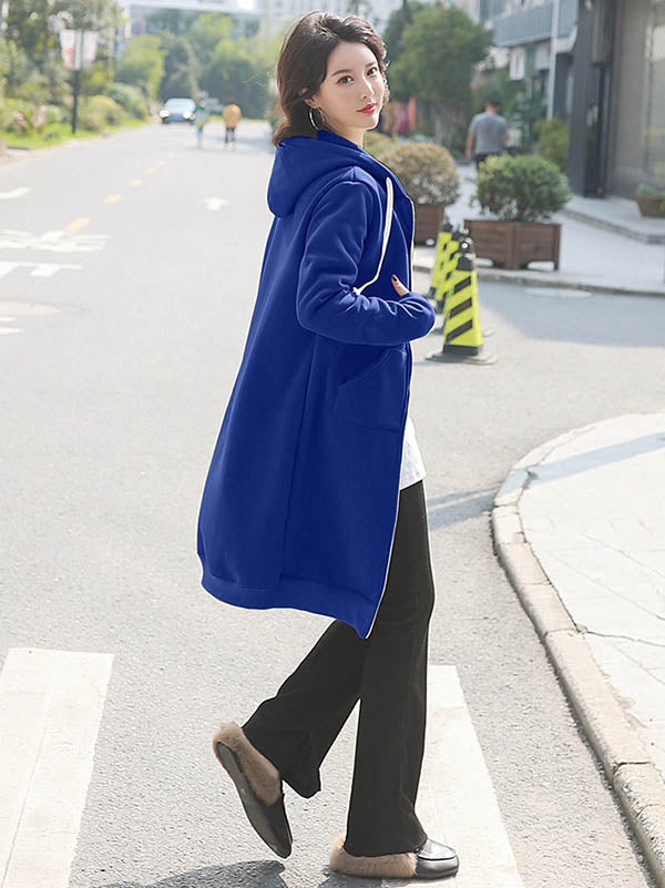 4Colors Drawstring Hooded Split-Joint Pocket Solid Color Zipper Outerwear