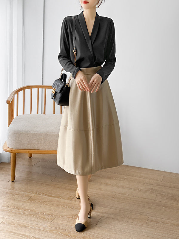 Solid Color Long Sleeves Loose V-Neck Blouses&Shirts Tops