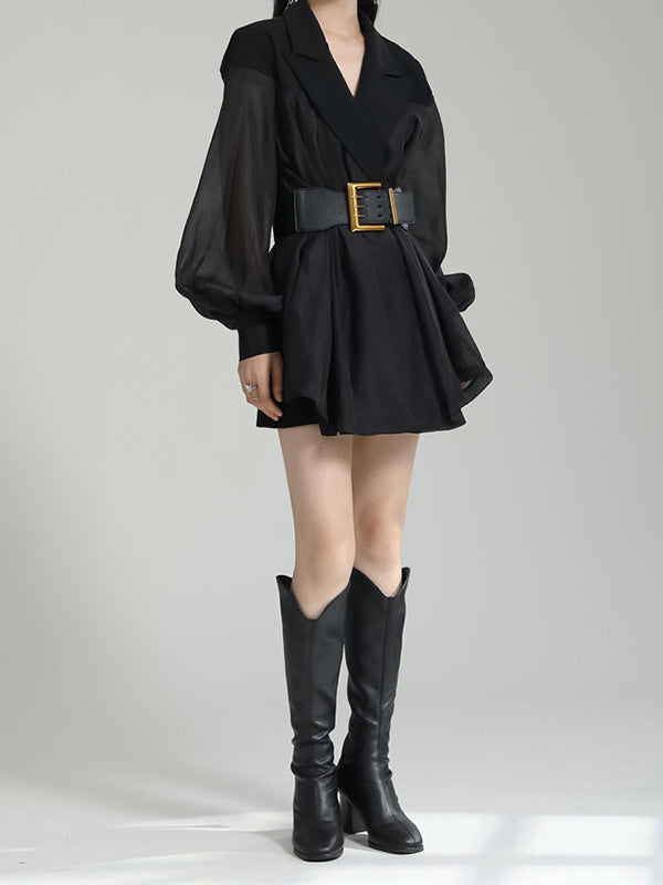 Belted See-Through Puff Sleeves Loose Lapel Blouses&shirts Tops