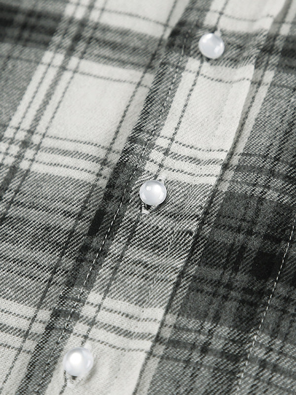 Buttoned Plaid Pockets Long Sleeves Loose Lapel Blouses&Shirts Tops