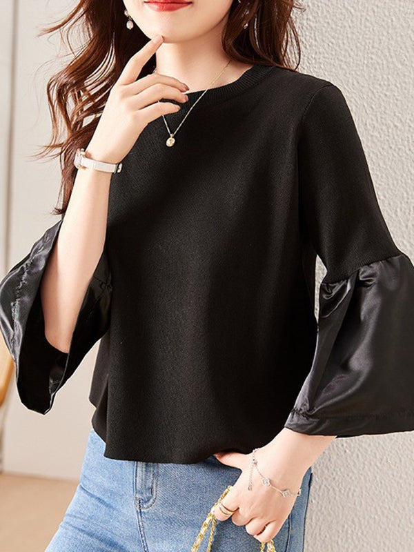 Pleated Split-Joint Flared Sleeves Long Sleeves Round-neck T-Shirts Tops