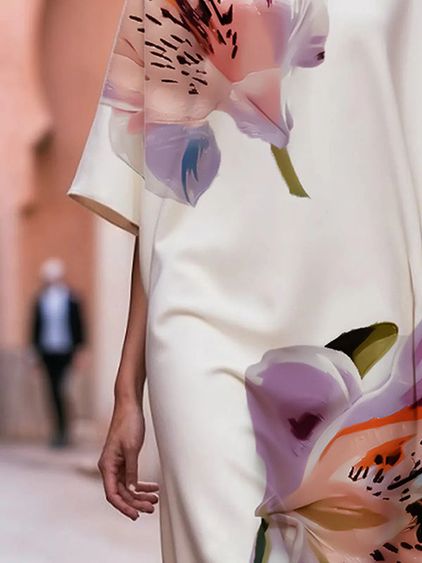 Loose Short Sleeves Asymmetric Floral Printed Split-Joint Round-Neck Midi Dresses