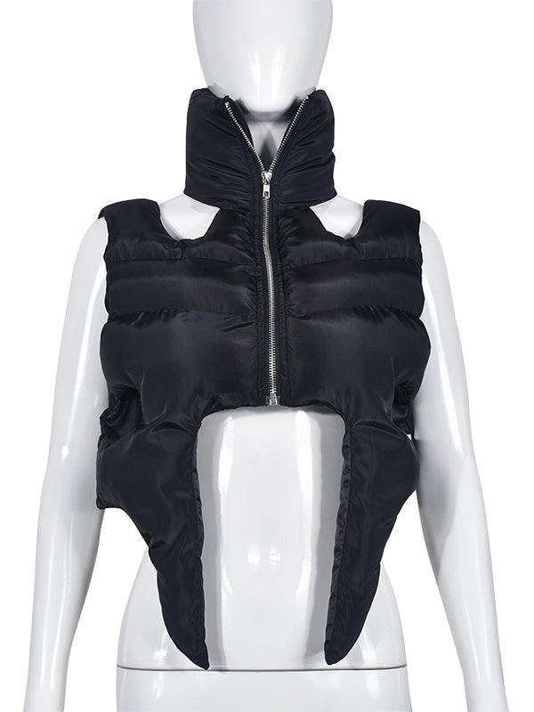 Hollow Solid Color Zipper Loose Sleeveless Stand Collar Padded Vest
