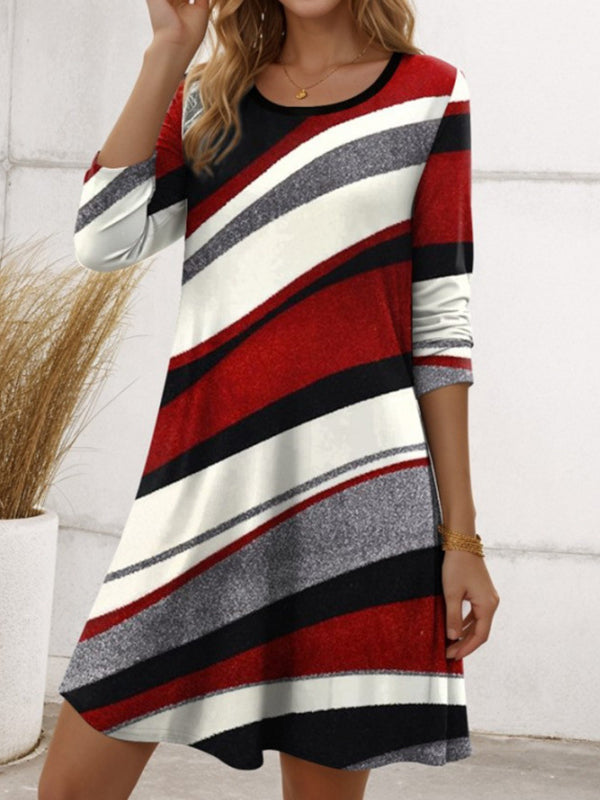 Asymmetric Printed Split-Joint Striped A-Line Irregularity Round-Neck Midi Dresses