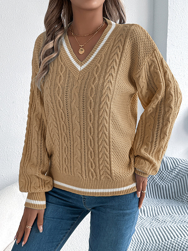 Cable Knit Contrast Color Split-Joint Long Sleeves Puff Sleeves V-Neck Sweater Tops Knit Top