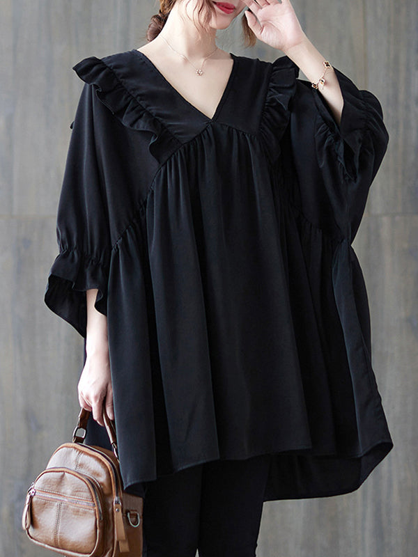 Ruffled Solid Color Loose Ruffle Sleeves Peter Pan Collar Blouses&Shirts Tops