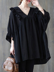 Ruffled Solid Color Loose Ruffle Sleeves Peter Pan Collar Blouses&Shirts Tops