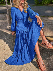 Elasticity Solid Color Split-Joint A-Line Long Sleeves V-Neck Maxi Dresses