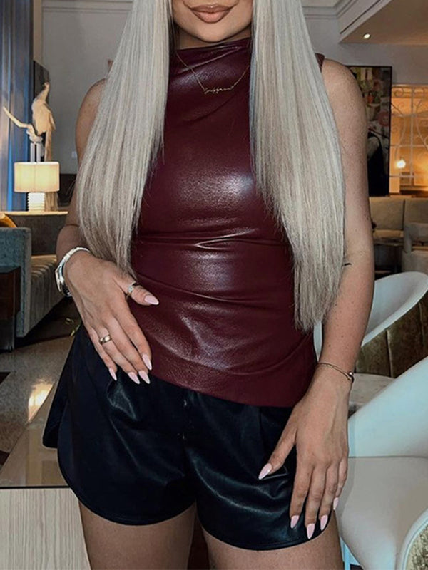 Asymmetric Pleated Solid Color Skinny Sleeveless Mock Neck Vest Top