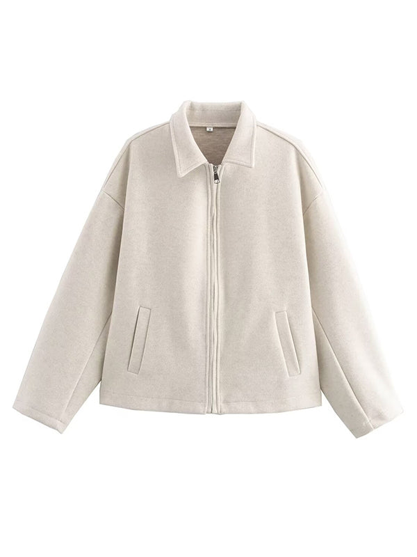 Solid Color Split-Joint Zipper Long Sleeves Loose Lapel Woolen Coat Outerwear