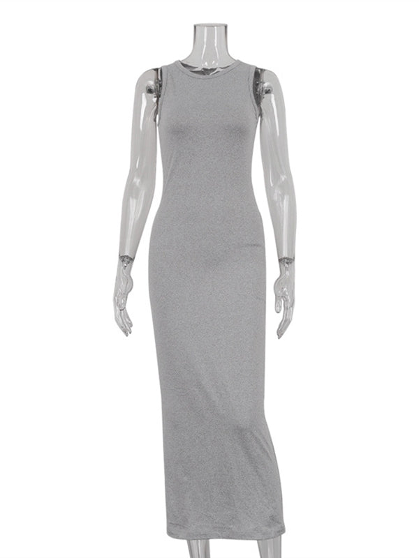 Solid Color Long Sleeves Round-Neck Inner Dress + Bodycon Outerwear Two Pieces Set