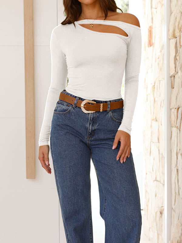 Asymmetric Hollow Solid Color Long Sleeves Skinny Asymmetric Collar T-Shirts Tops