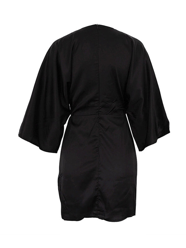 Hollow Knot Solid Color Split-Joint Zipper High Waisted Three-Quarter Sleeves Deep V-Neck Mini Dresses