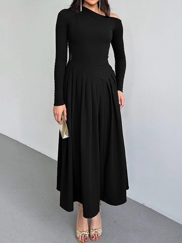 Asymmetric Pleated Solid Color Split-Joint A-Line Bodycon One-Shoulder Maxi Dresses