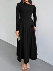 Asymmetric Pleated Solid Color Split-Joint A-Line Bodycon One-Shoulder Maxi Dresses