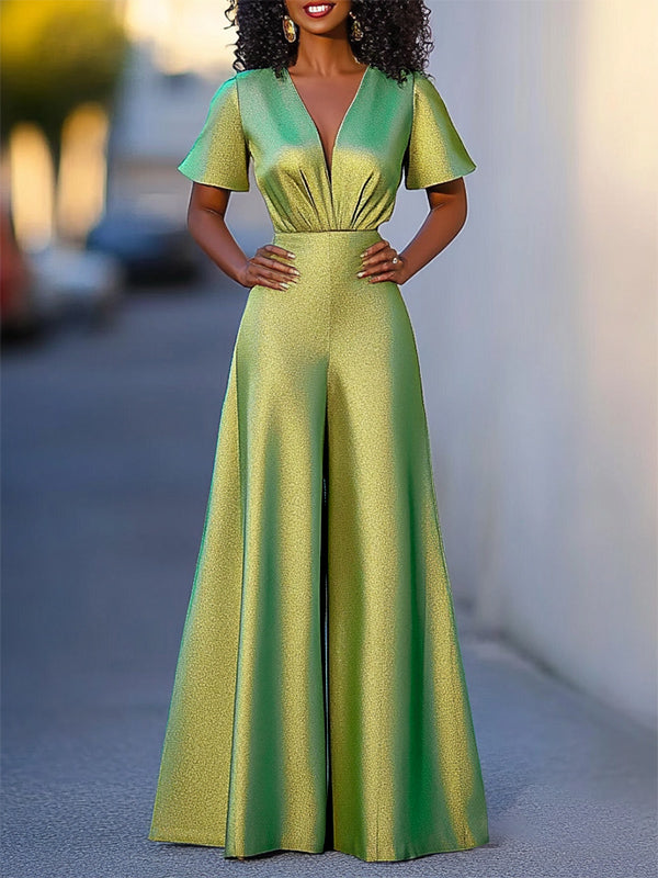 Pleated Shiny Solid Color High Waisted Loose V-neck Jumpsuits