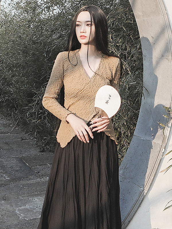 Urban Long Sleeves Skinny Solid Color V-Neck T-Shirts Tops