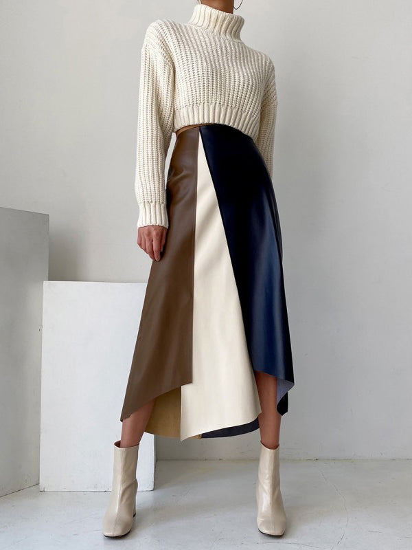 Asymmetric Contrast Color Split-Front A-Line High Waisted Skirts Bottoms