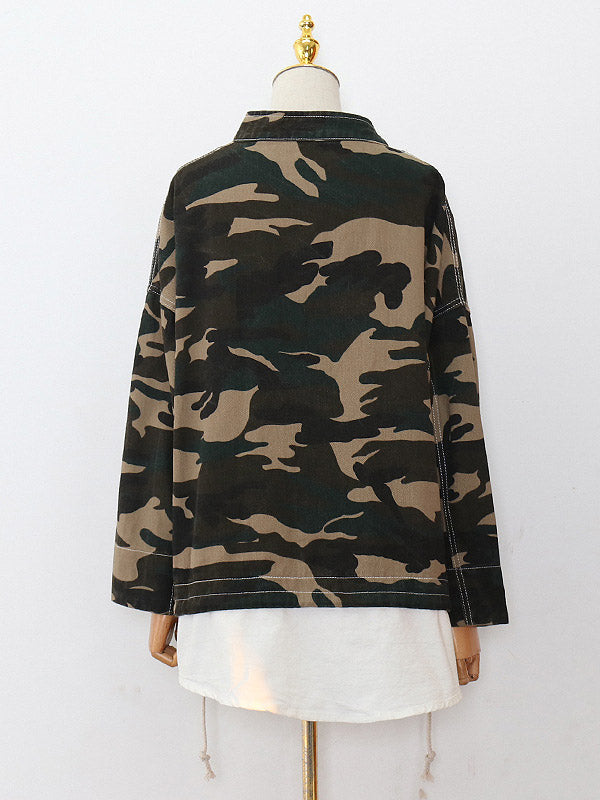 Camouflage Drawstring Pockets Split-Joint False Two Long Sleeves Mock Neck Outerwear