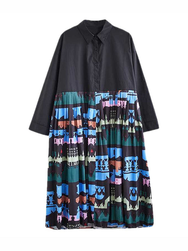 Buttoned Pleated Printed Split-Joint A-Line Long Sleeves Lapel Midi Dresses