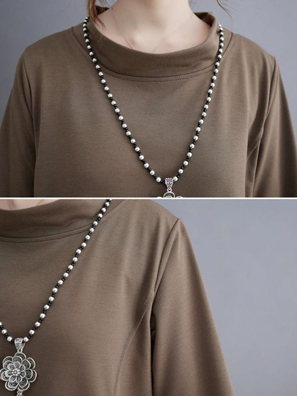 Casual Loose Long Sleeves Solid Color Stand Collar Midi Dresses