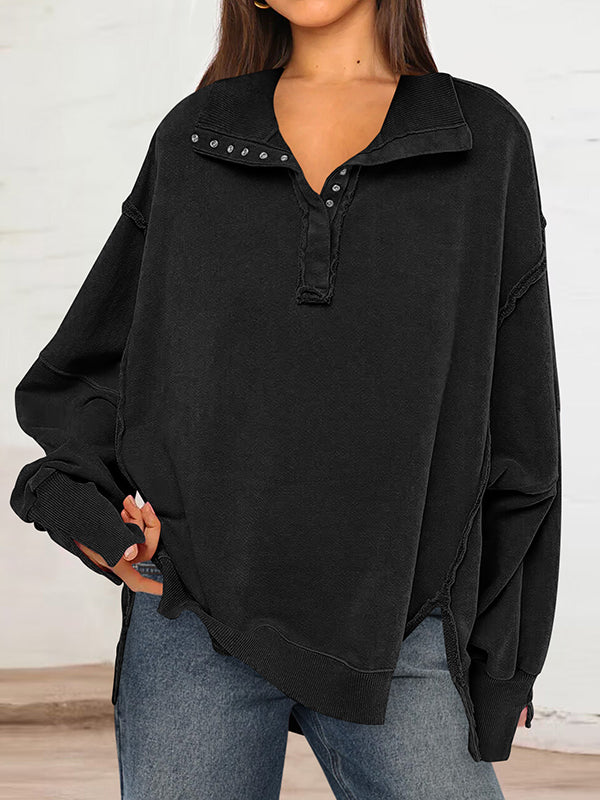 Buttoned Solid Color Split-Front Long Sleeves Loose Lapel Sweatshirt Tops