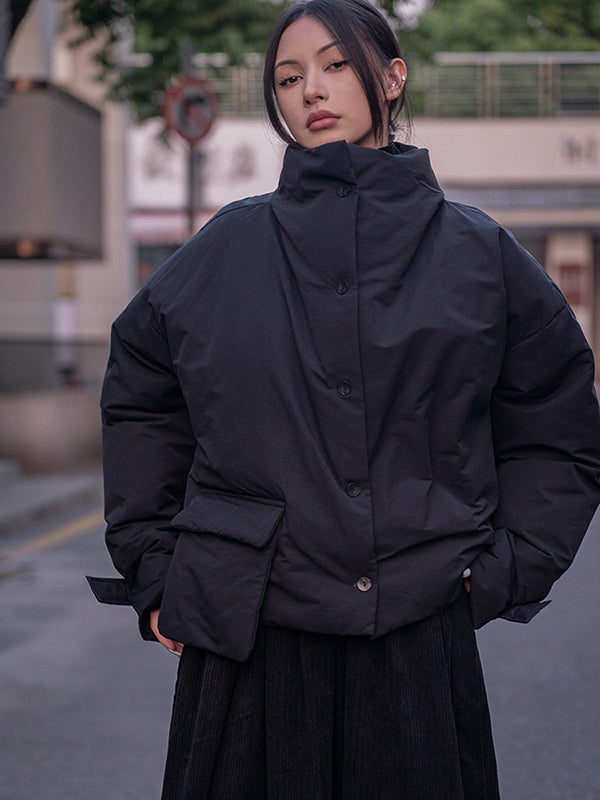 Urban Long Sleeves Buttoned Asymmetric Solid Color Stand Collar Padded Coat