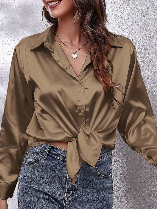 Solid Color Long Sleeves Loose Lapel Blouses