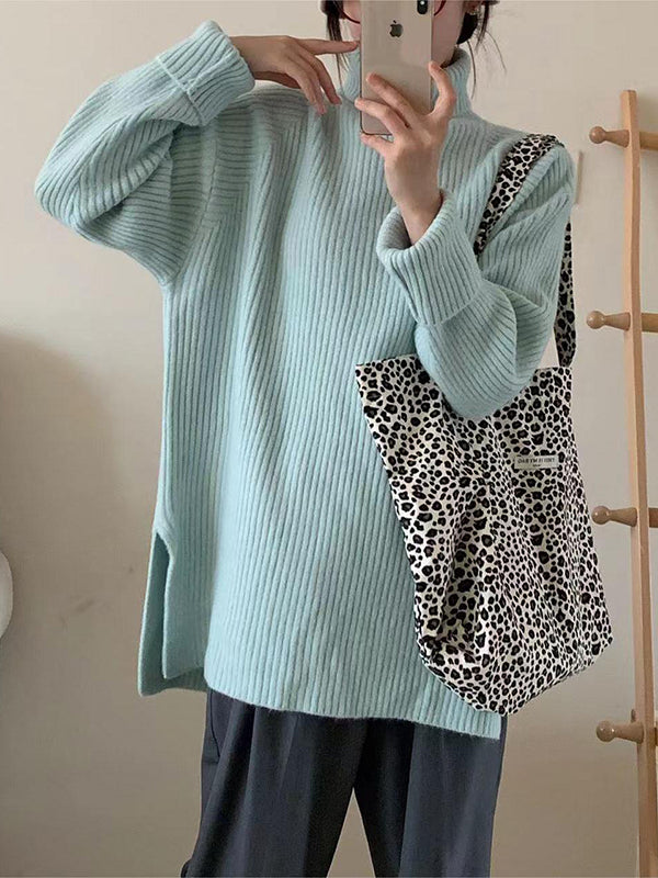 Solid Color Split-Joint Split-Side Long Sleeves Loose High Neck Sweater