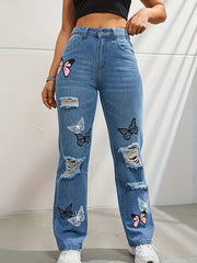 Butterfly Print Fringed Ripped Split-Joint High Waisted Jean Pants Bottoms