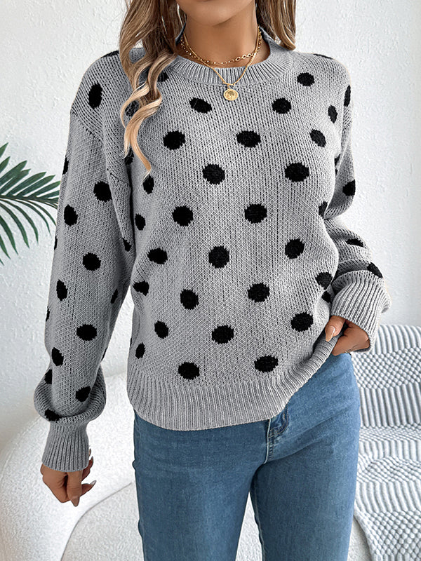 Contrast Color Polka-Dot Long Sleeves Loose Round-Neck Sweater Tops Pullovers