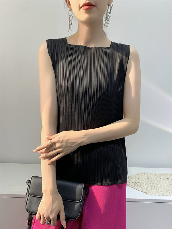 Pleated Solid Color Split-Joint Loose Sleeveless Square-Neck Vest Top