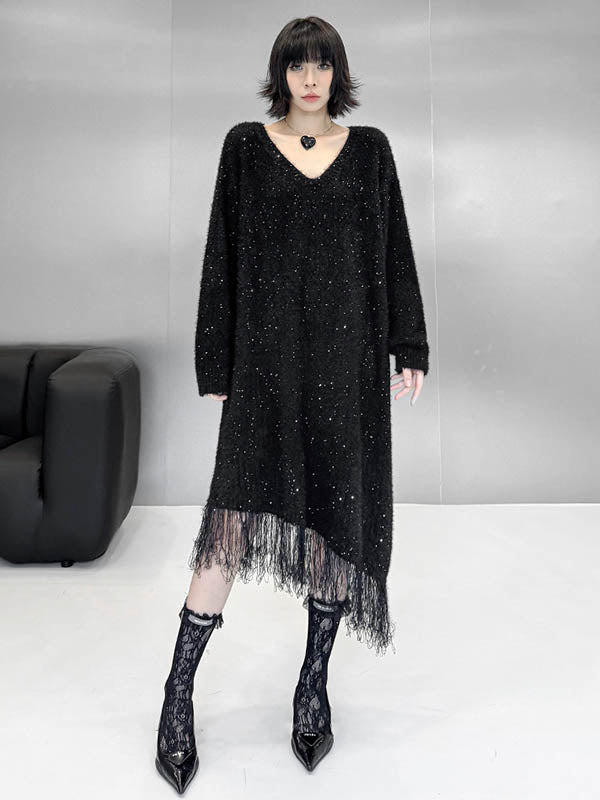 Contrast Color Sequined Shiny Split-Joint Tasseled Irregularity Long Sleeves V-Neck Sweater Dresses Midi Dresses