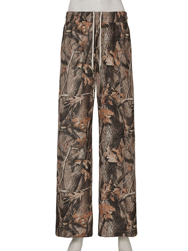 Drawstring Elasticity Printed High Waisted Loose Trousers Pants
