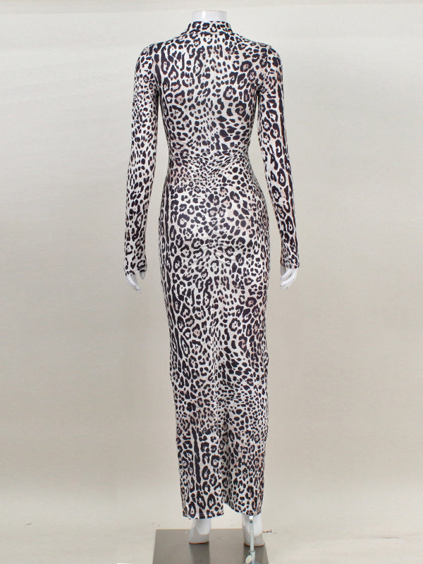 Leopard Pleated Printed Split-Front Bodycon Long Sleeves High Neck Maxi Dresses