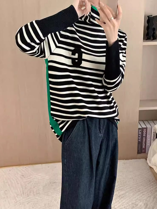 Contrast Color Knitted Letters Split-Joint Striped Long Sleeves Loose High Neck Sweater Tops Pullovers