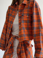 Buttoned Plaid Pockets Long Sleeves Loose Lapel Blouses&Shirts Tops