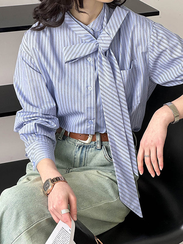 Buttoned Pockets Striped Tied Long Sleeves Loose Mock Neck Blouses&Shirts Tops