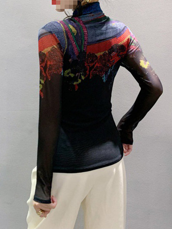 Printed See-Through Split-Joint Long Sleeves Plus Size High Neck T-Shirts