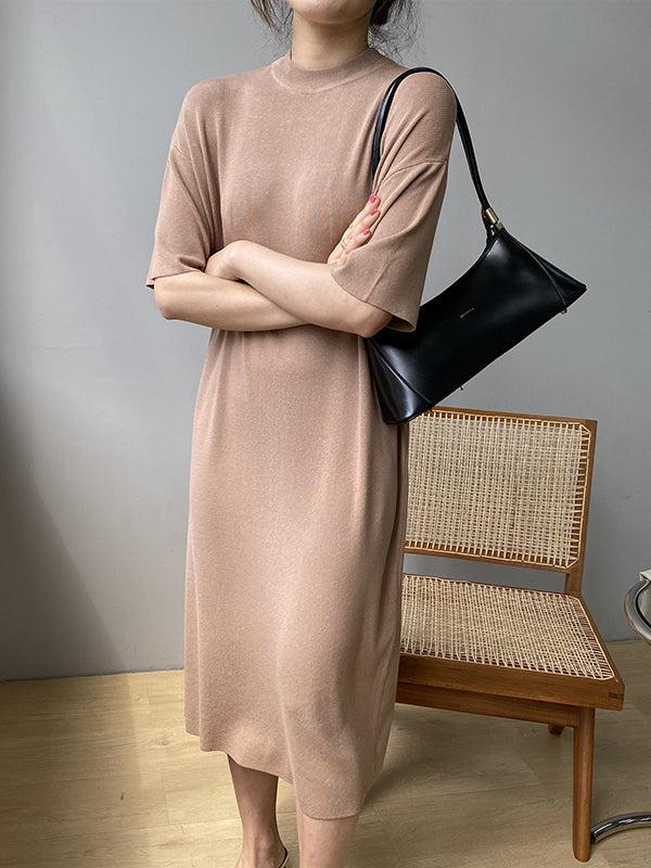 Solid Color Split-Joint Loose Short Sleeves Round-neck Sweater Dresses Midi Dresses