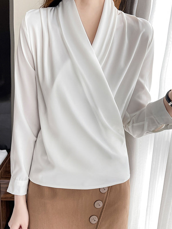 Buttoned Solid Color Long Sleeves Loose V-Neck Blouses&Shirts Tops
