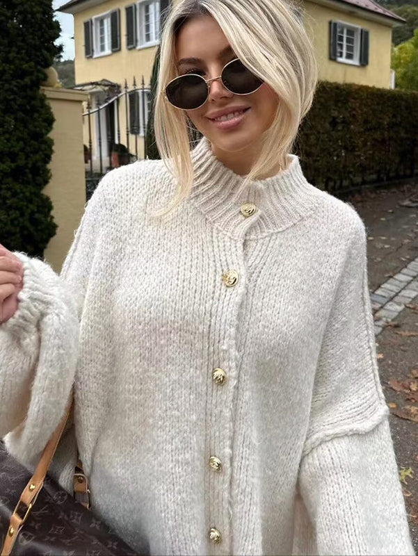 Buttoned Split-Joint Loose Puff Sleeves Round-neck Cardigan Tops