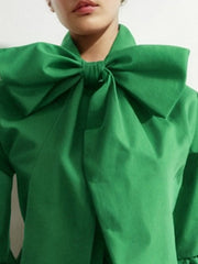 Bowknot Solid Color Split-Joint Loose Puff Sleeves Stand Collar Blouses&Shirts Tops