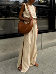 Loose Elasticity Solid Color Split-Joint Round-neck Vest + High Waisted Split-side Pants Two Pieces Set