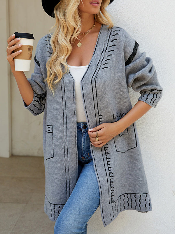 Jacquard Split-Joint Long Sleeves Loose V-Neck Cardigan Tops