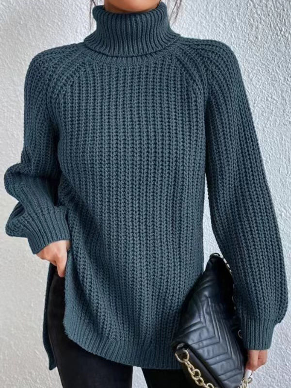 Solid Color Split-side Long Sleeves Loose High Neck Sweater Tops Pullovers