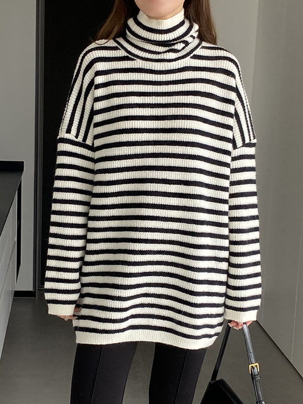 Striped Long Sleeves Loose High-Neck Sweater Pullovers Knitwear