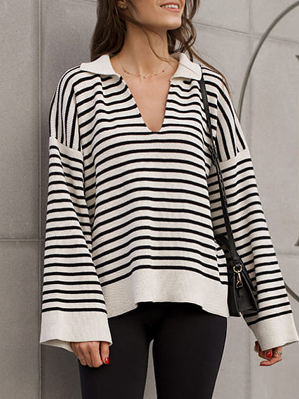 Split-Joint Striped Long Sleeves Loose Lapel Sweater Tops